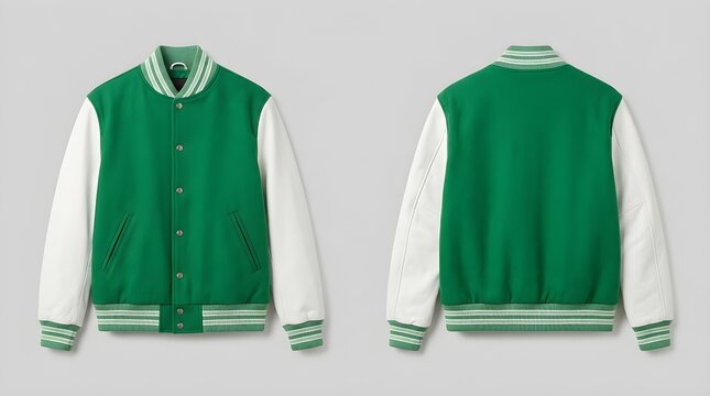 Front and back view of a green varsity jacket with white sleeves and striped trim.