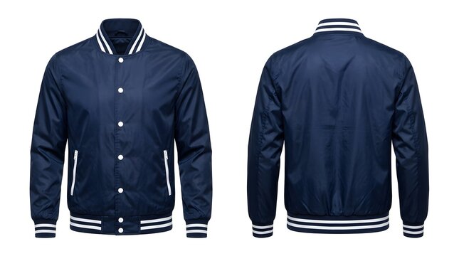 Front and back view of dark navy blue nylon windbreaker jacket with white striped accents.
