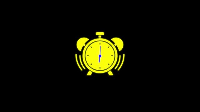 Animated yellow alarm clock ringing on black background