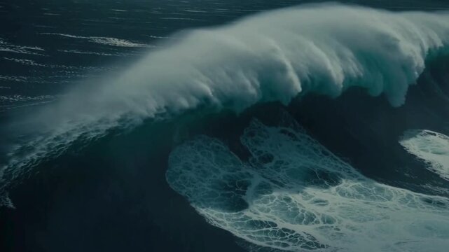 Huge turquoise waves curl and crash with thick white foam, showing the mighty power of the ocean under the cloudy sky.