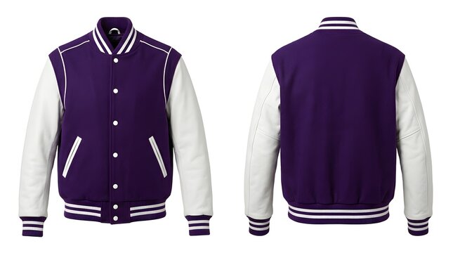 Front and back view of a purple and white varsity jacket on a white background.