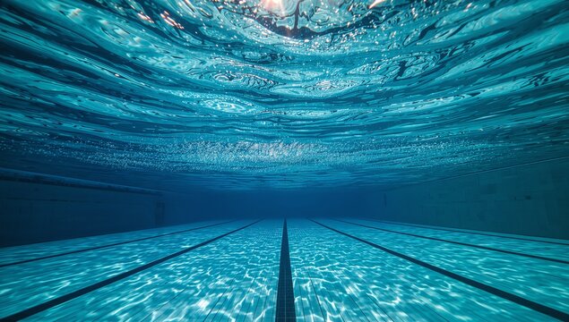 Underwater View of a Swimming Pool with Clear Blue Water and Lane Lines