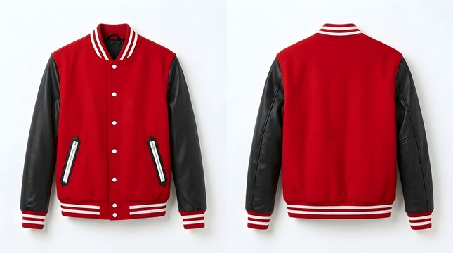 Red and black letterman jacket with leather sleeves front and back view.