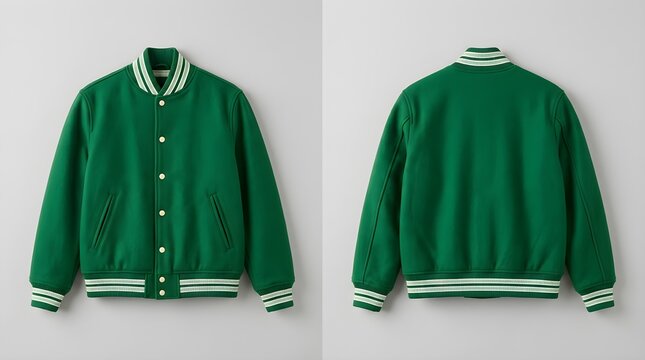 Green baseball bomber jacket with white striped collar cuffs and hem on gray background.