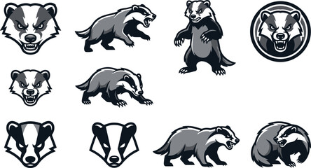 Obraz premium Black and white bear heads and standing bears vector set Vector