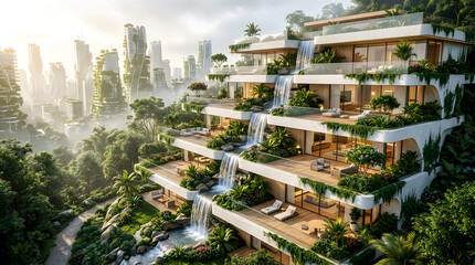 Obraz premium Modern luxury apartment building with cascading waterfalls and lush green terraces in the city
