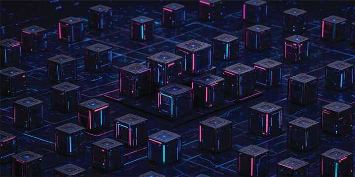 Futuristic Blockchain Database Architecture with Connected Data Cubes and Neon Technology Grid