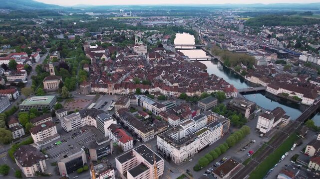 Aerial view beside the old town of the city Solothurn, in Switzerland on a sunny spring afternoon in 2023.