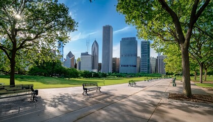 Obraz premium chicago skyline framed by trees at milton lee olive park with benches