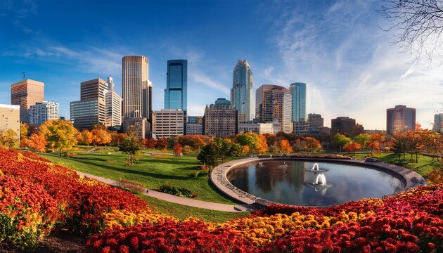 city of minneapolis minnesota with downtown towers and the outdoor sculpture garden in the foreground on a beautiful fall day