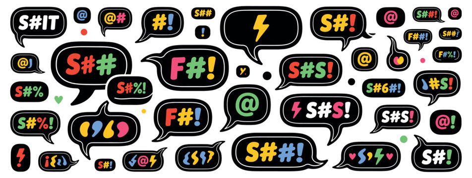 Comic speech bubbles with censored profanity and symbols on white background