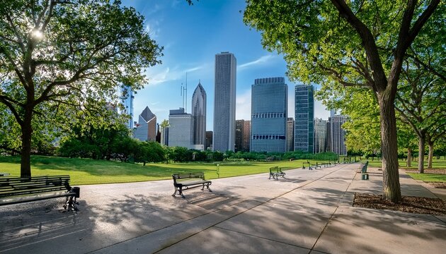 chicago skyline framed by trees at milton lee olive park with benches
