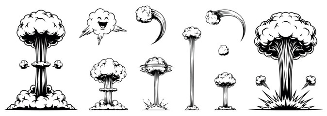 Set of black and white cartoon mushroom cloud explosions and smoke effects © Razvi hasan