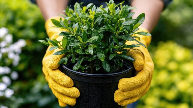 Gardener holds potted green plant with yellow gloved hands
