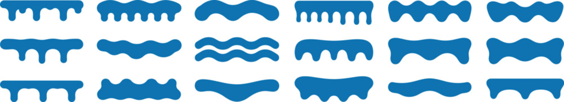 Set of blue liquid drip, wave, and melted border shapes on white background