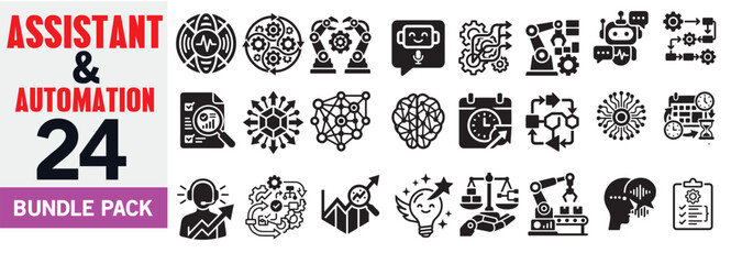 Obraz premium Assistant and Automation 24 Icon Bundle – Chatbot, Virtual Assistant, Workflow Automation and Productivity Vector Set