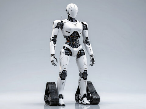White biped humanoid robot with track wheels studio shot