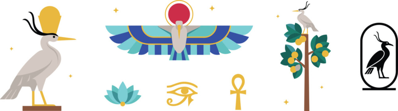 Ancient Egyptian Mythology Vector Icon Set Featuring Bennu Bird Winged Sun Disk Eye of Horus Ankh and Sacred Lotus Symbols for History Designs
