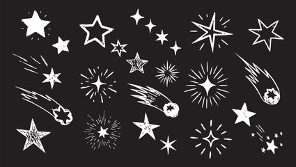 Hand Drawn White Doodle Stars and Meteors Set on Black Background © crea8ive