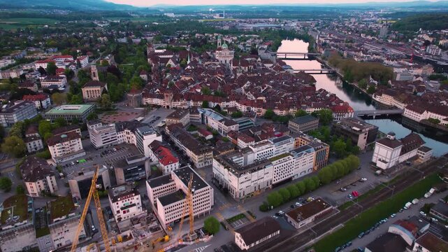 Aerial view beside the old town of the city Solothurn, in Switzerland on a sunny spring afternoon in 2023.