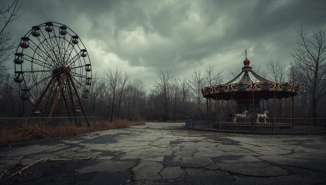 Abandoned carnival with rusted ferris wheel and empty carousel under stormy sky