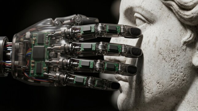 Mano rob&oacute;tica con microchips tocando un busto de m&aacute;rmol
