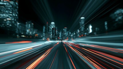 Fototapeta premium A sleek futuristic digital tunnel of light illuminates a shimmering city skyline with vibrant neon pulses