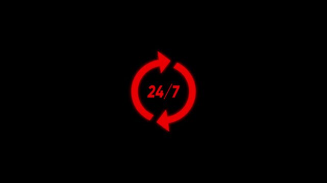 24/7 support service animation, continuous availability symbol