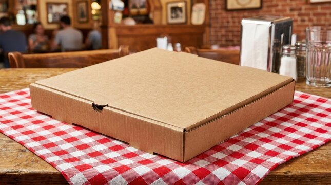 Cardboard pizza box on a checkered tablecloth in a restaurant