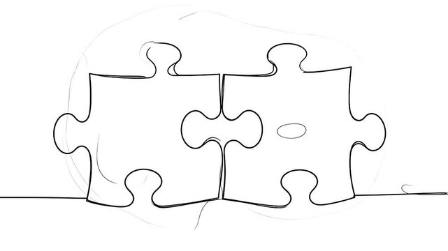Continuous line drawing of two puzzle pieces connecting on white background