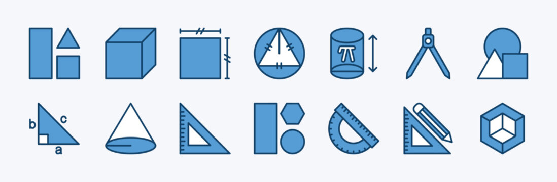 Set of geometry icon for education, learning, training, and studying shape, mathematical, measure, dimensional, scale, triangular ruler, school stationery, volume - vector illustration