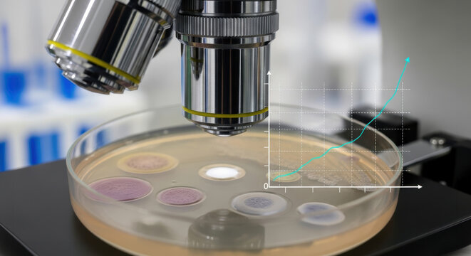 Microscope petri dish laboratory bacteria research healthcare growth statistics culture, microscope view over petri dish laboratory with bacteria