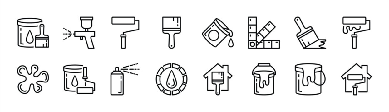 Paint icon set. Contains painter, paintbrush, coloring and drawing tool, roller, art, artist, crayons, canvas, splash, bucket, spray, board, watercolor, artwork for education. Vector illustration