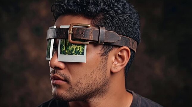 Hombre donde sobre sus ojos tiene amarradas dos fotograf&iacute;as mediante un cintur&oacute;n de cuero viejo
