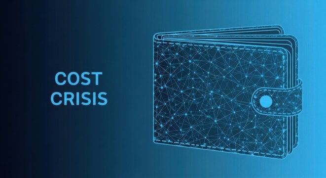 Empty wallet illustration with cost crisis text on blue background illustration