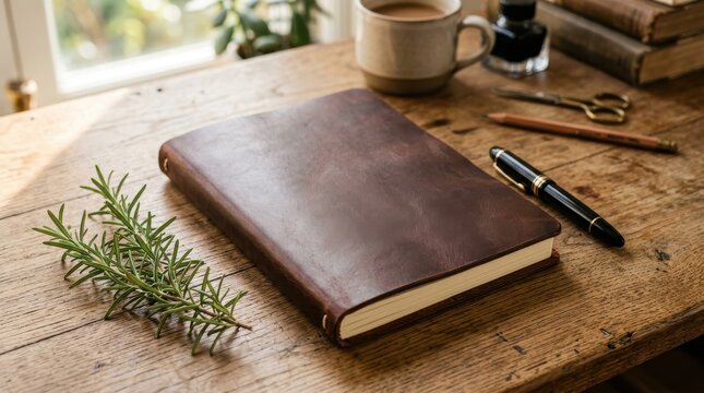 Leather journal with pen, coffee and rosemary on wooden desk