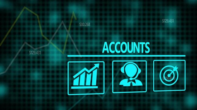 A Accounts business concept on a flashing computer monitor with moving graphs and data.