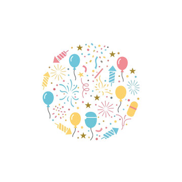 Colorful party balloons and fireworks in circular composition