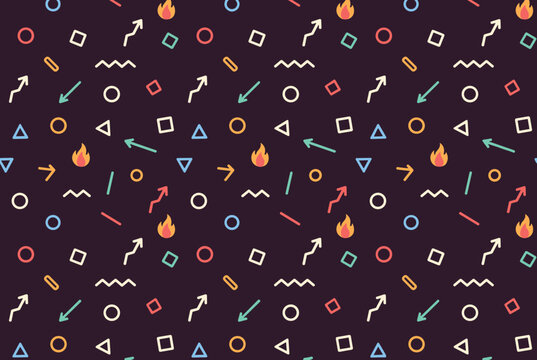 Abstract geometric pattern features colorful shapes like triangles circles and squares mixed with arrows and small fire icons on dark.