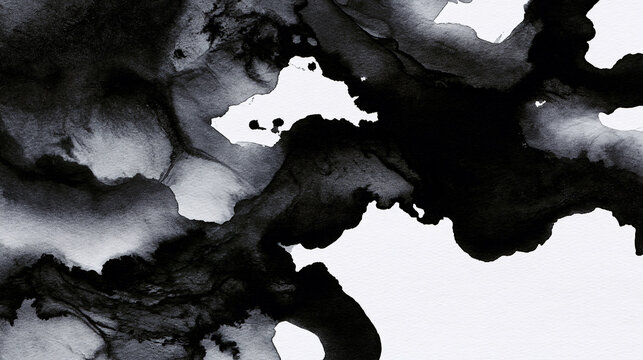 Gros plan abstrait de lavis d'encre monochrome noir et fusain sur papier de coton &eacute;pais textur&eacute;. Des formes organiques fluides et &eacute;l&eacute;gantes s'entrelacent dans une esth&eacute;tique wabi-sabi