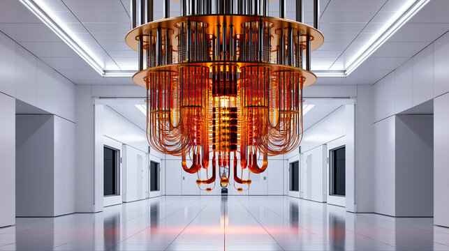 Lustre en forme d'ordinateur quantique futuriste au c&acirc;blage complexe en cuivre et or. Il est suspendu au c&oelig;ur d'une salle blanche de laboratoire dot&eacute;e d'un sol r&eacute;fl&eacute;chissant