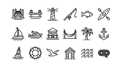 and Dock Waterfront Outline Icon Set with Lighthouse Fishing Kayak Boat and Coastal Marine Elements © Yeasin