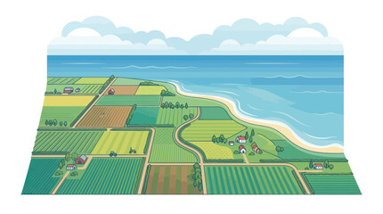 Aerial view of coastal farmland with fields and ocean horizon © Endang