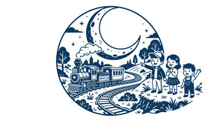 Children watching a steam train travel under a large crescent moon © Endang