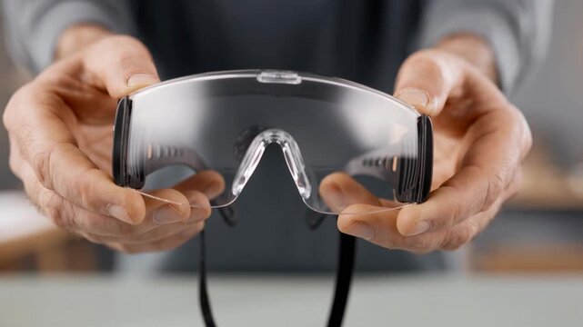 Person carefully holding clear safety goggles emphasizing protection and personal safety in work environment