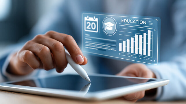 Professional's hand pressing a stylus on a tablet while a floating education dashboard displays a calendar, graduation cap icon and bar chart analytics, e-learning platform,