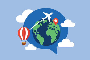 Fototapeta premium Travel and communication concept with a globe inside a blue speech bubble accompanied by a plane and a hot air balloon.
