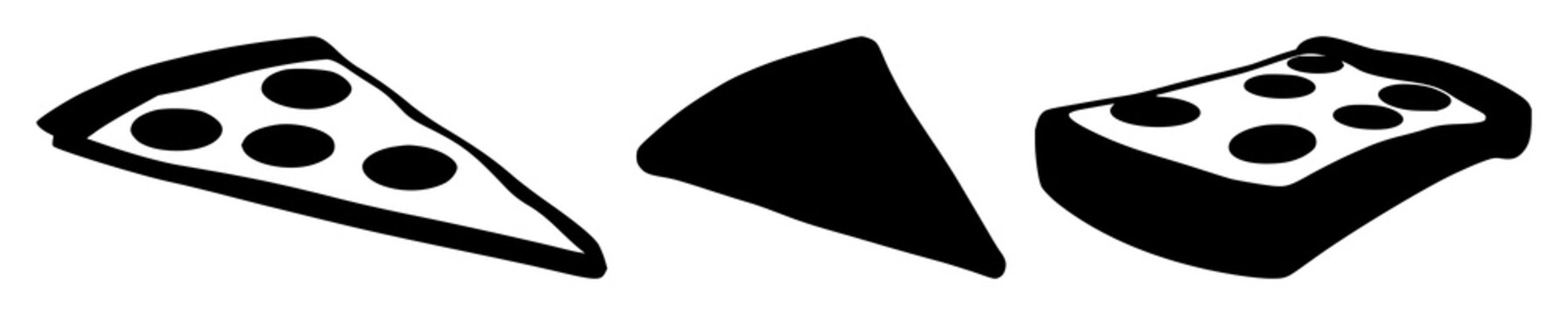 Pizza slice set with black silhouette design featuring pizza slice, cheese melt, crust outline with black and white and minimalist vector style