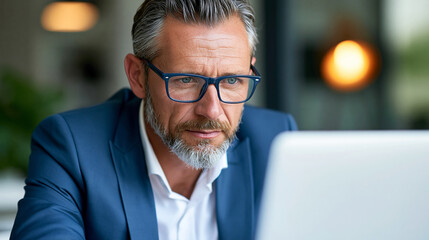 Obraz premium Serious middle-aged businessman focused on his laptop at an office desk, reviewing investment project details, authority and professionalism, financial analysis, corporate