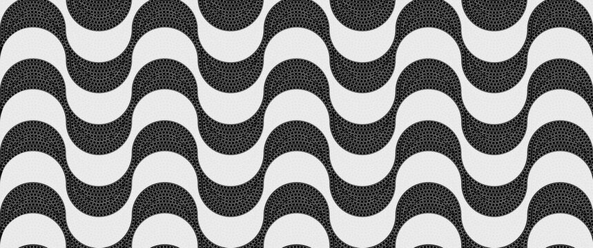 Portuguese calcada wave pattern with classic black and white cobblestones, seamless Rio Copacabana promenade texture, repeating wavy mosaic background for cultural vector designs
